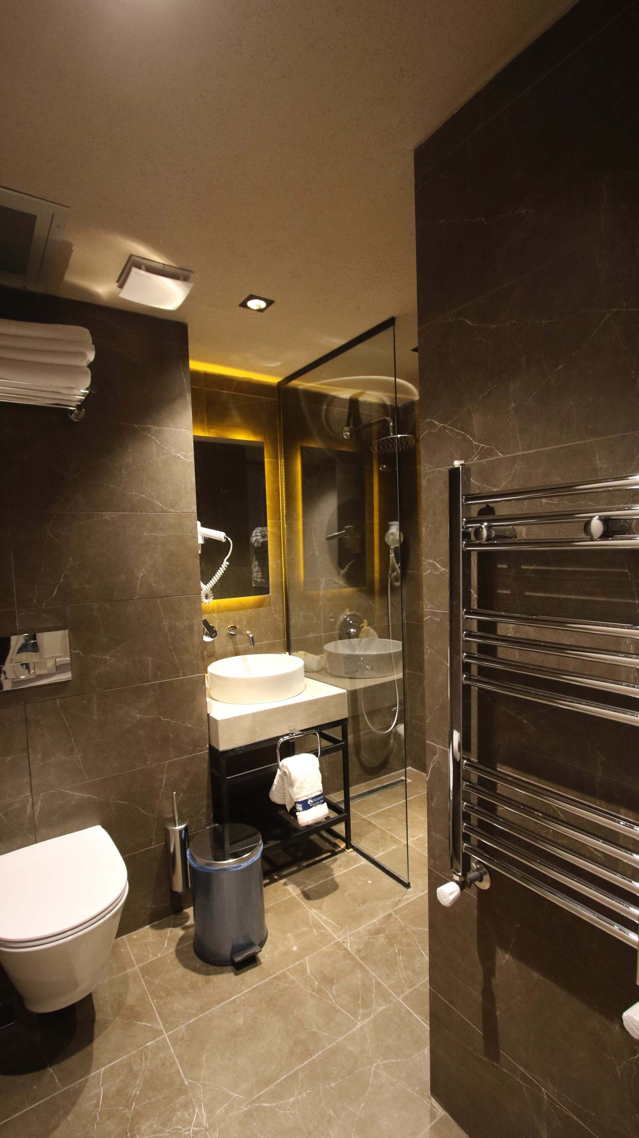 standard room | bathroom | shower, hydromassage showerhead, eco-friendly toiletries, hair dryer