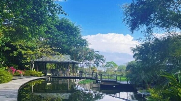 A tranquil garden with a wooden bridge, a gazebo, and a pond. - Hofi Villa (Toucheng)