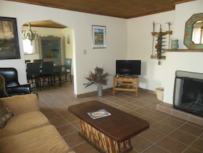 TV connectée, cheminée, livres