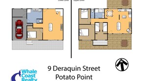 Floor plans of a property at 9 Deraquin Street, Potato Point, with two levels. Each level has a kitchen, dining area, and two bedrooms.