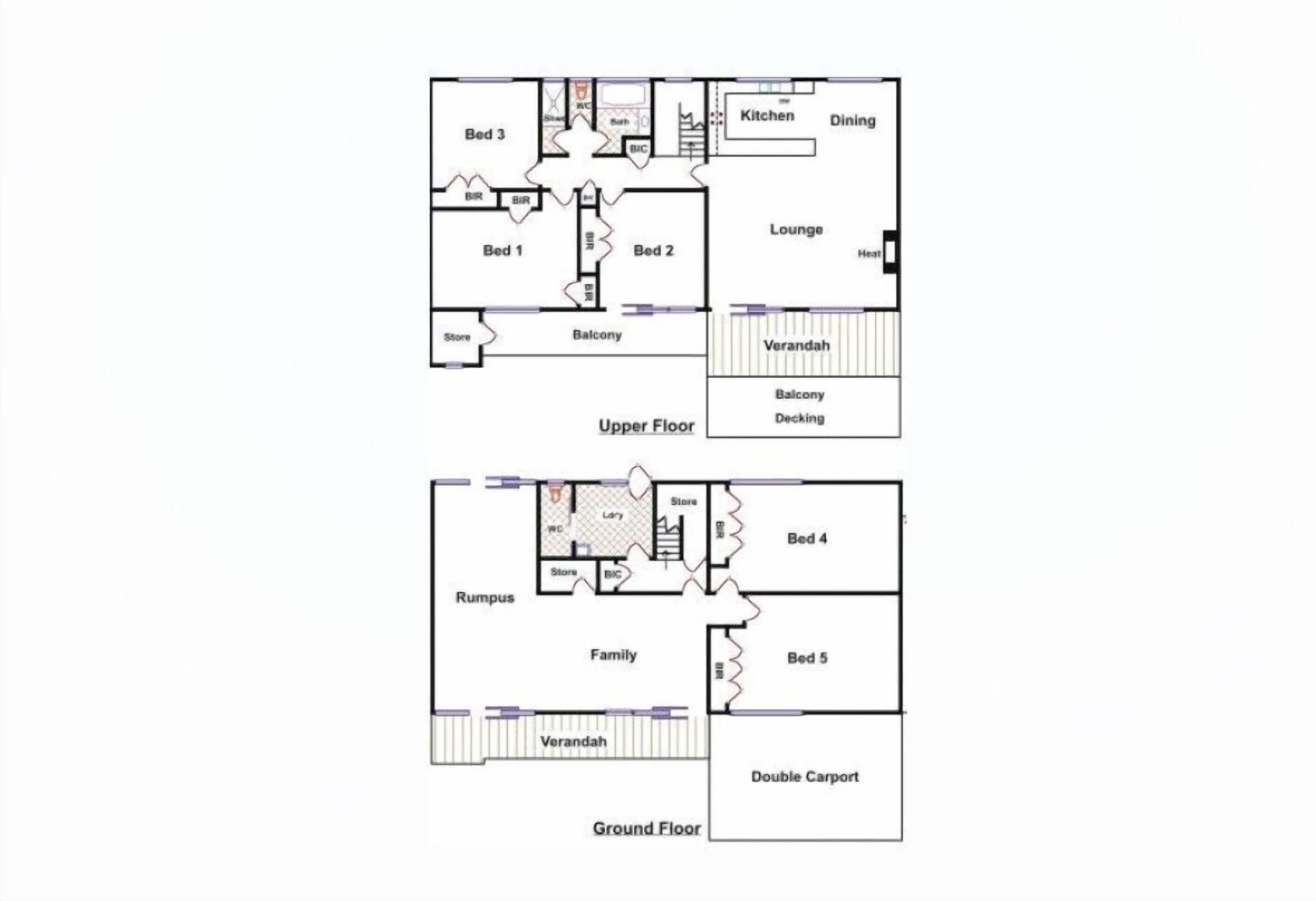 A hotel floor plan with 5 bedrooms, a dining area, kitchen, lounge, balcony, and a double carport.