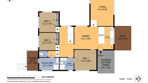 Plan d’étage comprenant un salon de 4,0 x 6,0 m, une chambre de 3,6 x 3,8 m, un coin repas de 4,6 x 4,0 m et un espace repas extérieur couvert de 3,4 x 3,8 m.