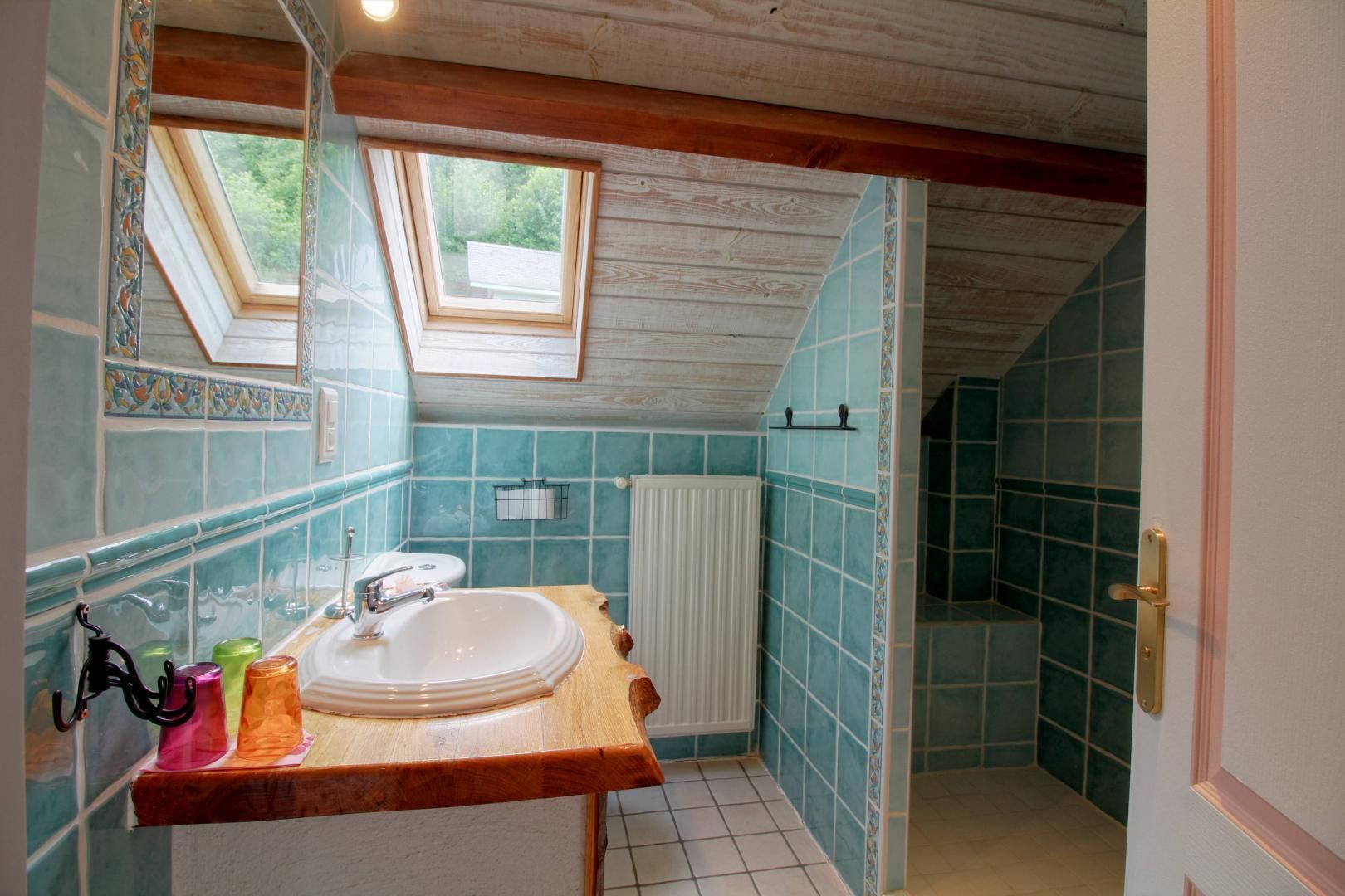 A bathroom with a skylight, a wooden vanity, a white sink, and a shower area.