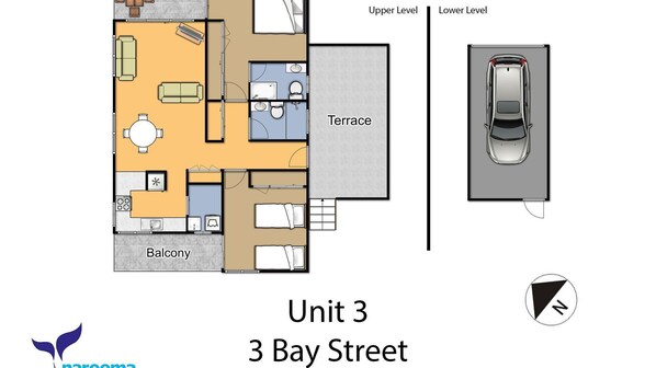 A floor plan of Unit 3 at 3 Bay Street, including a balcony, terrace, and upper and lower levels. - Bayview Unit - Stunning Inlet Views (Narooma)