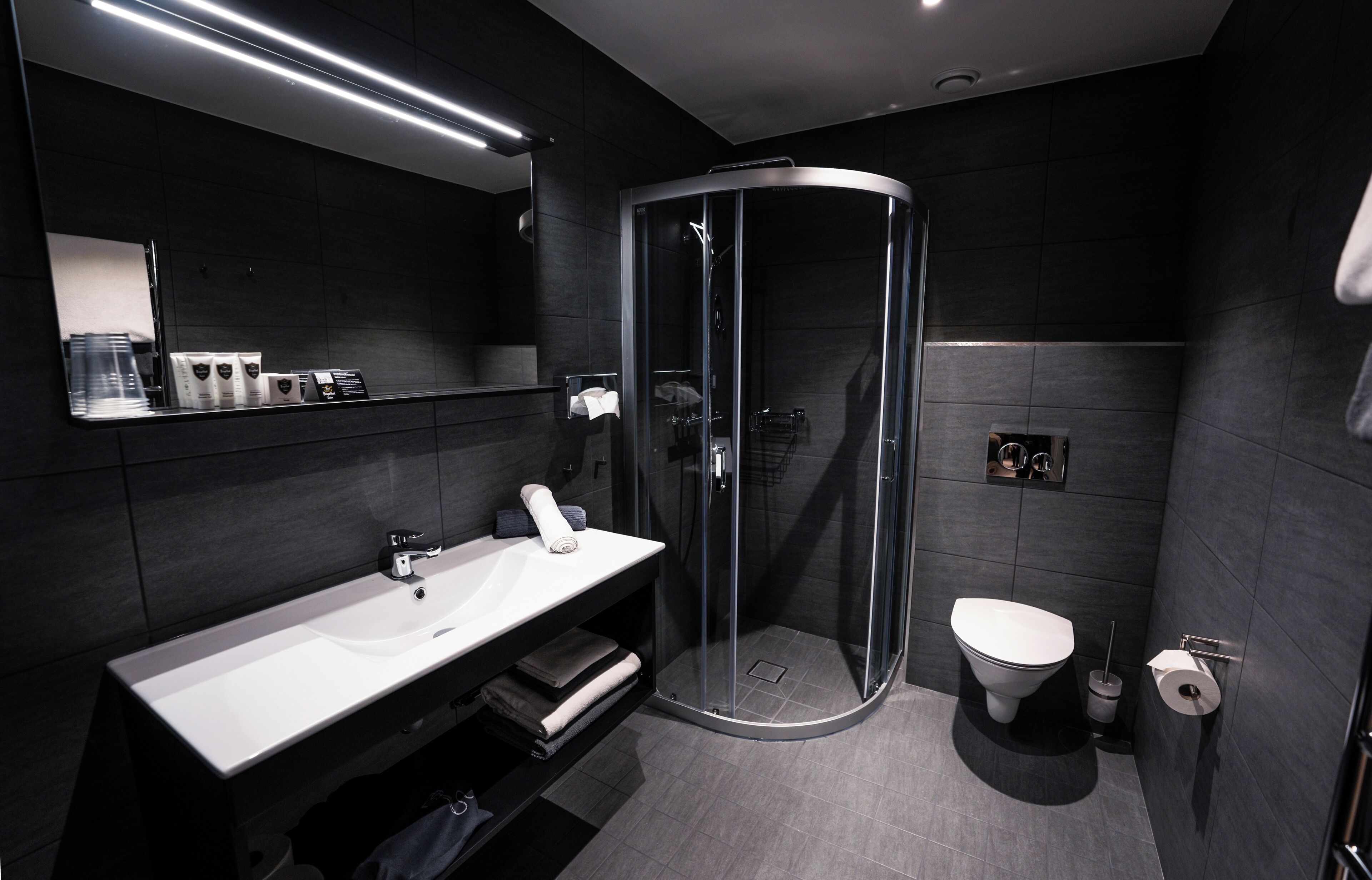 A modern bathroom with a curved glass shower enclosure, a white sink, and a toilet.