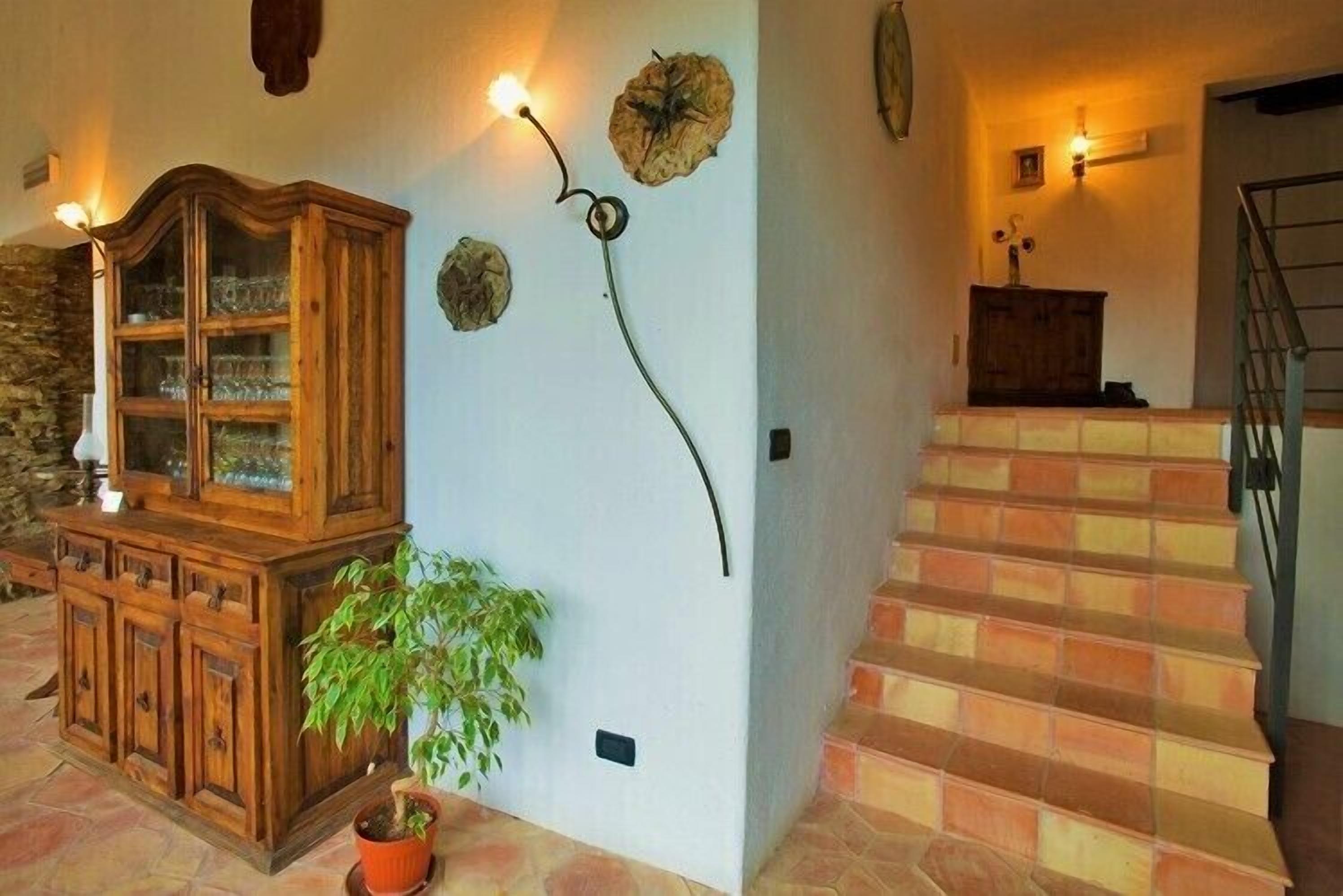 A wooden cabinet with glass doors, a potted plant, and wall-mounted decorative elements.