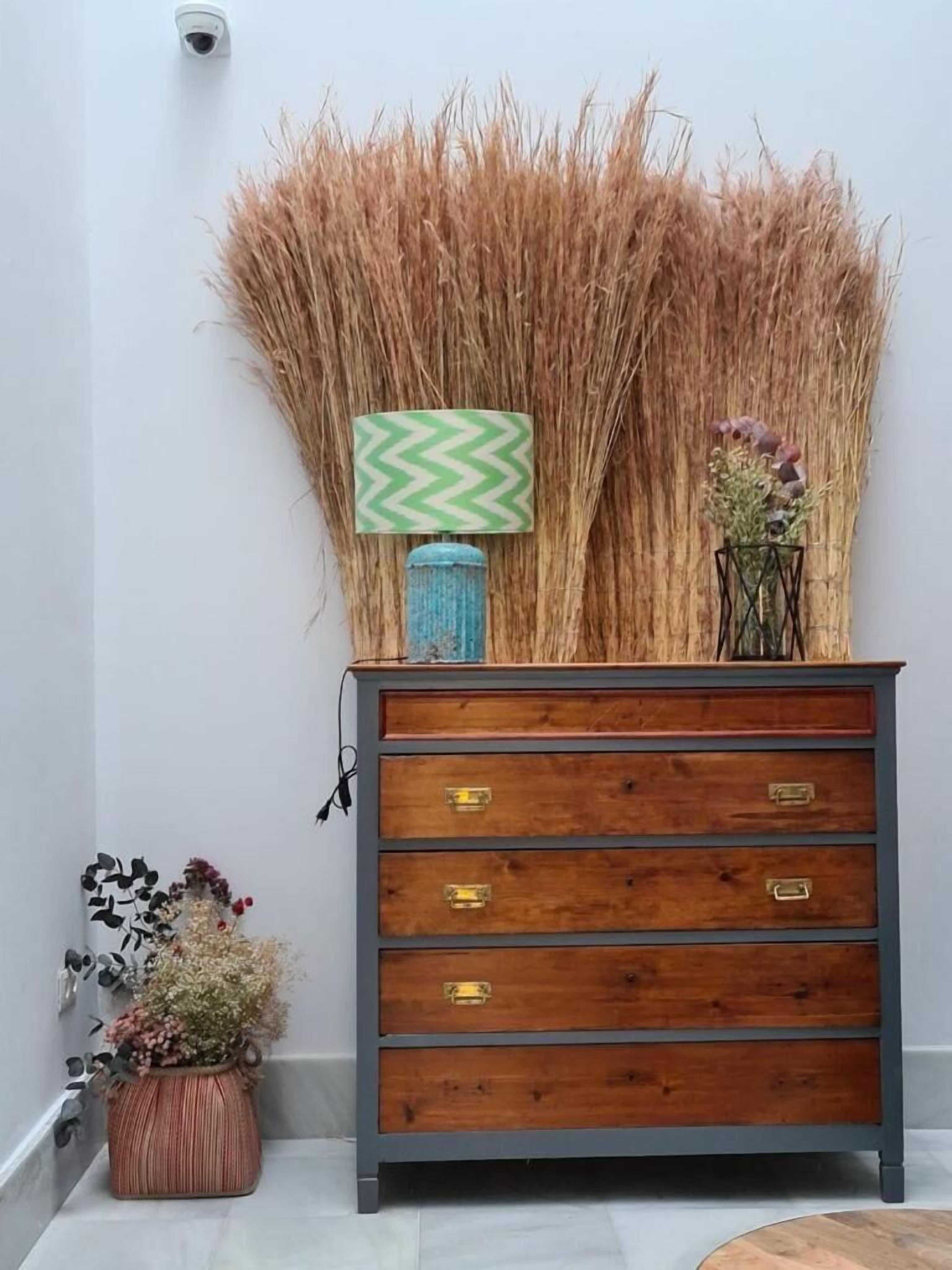 Een houten dressoir met vier lades, een blauwe vaas met een groen zigzagmotief, en een hoge plant met bruine stengels.