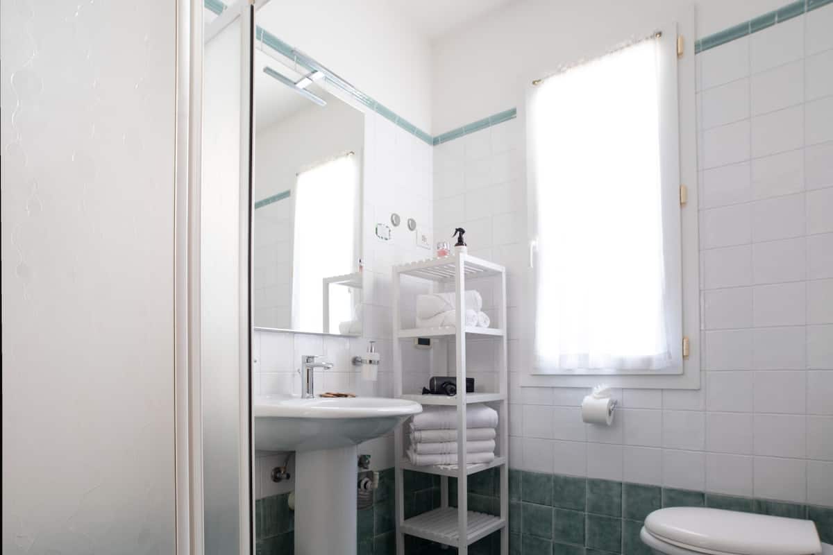 shower, hair dryer, bidet, towels