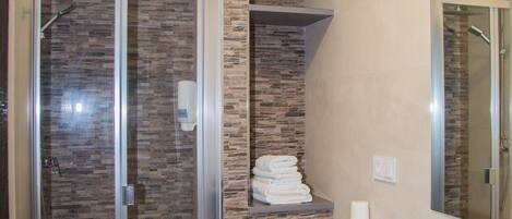 A modern bathroom with a glass-enclosed shower, a toilet, and a sink with a mirror.