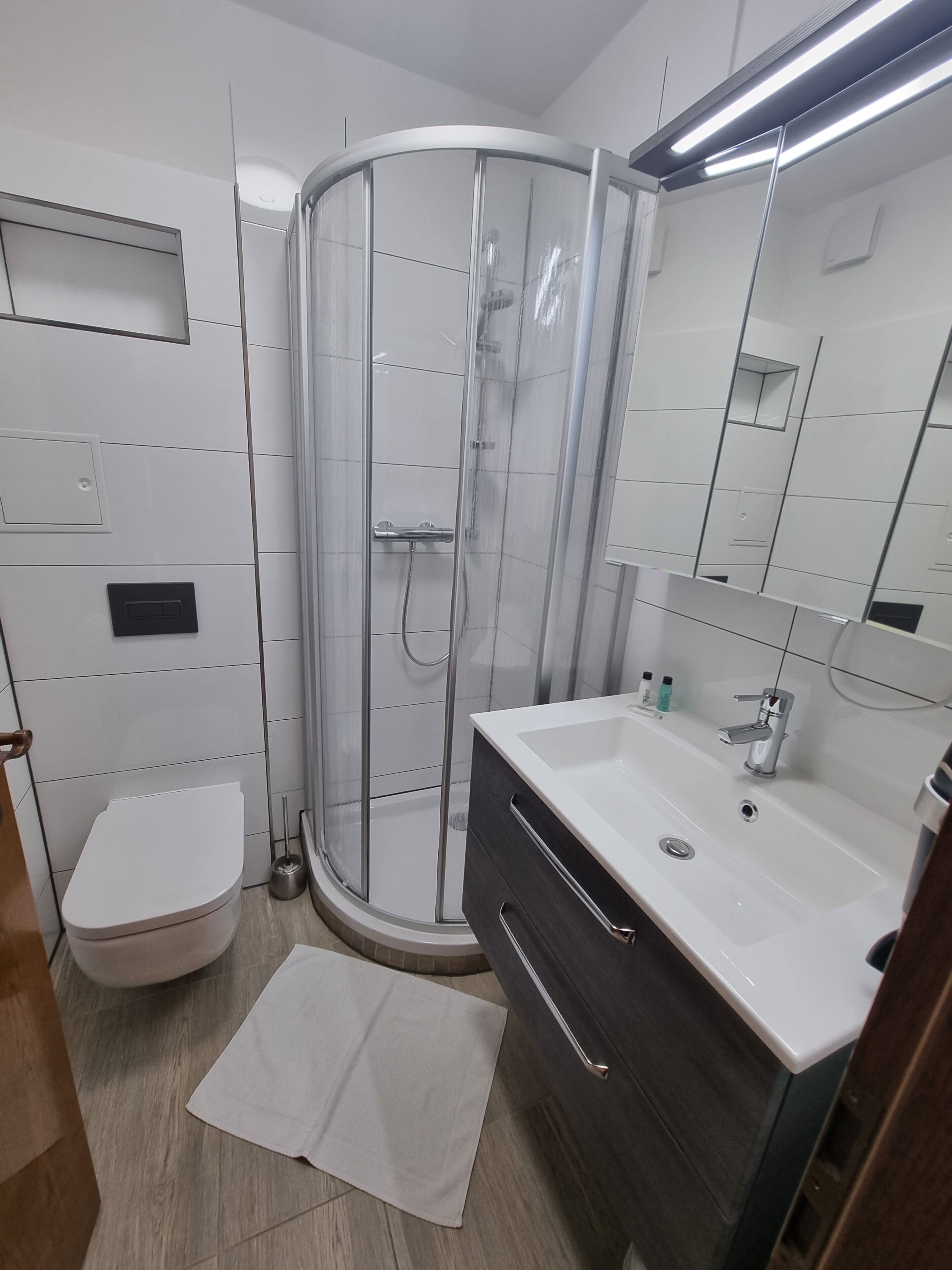 Shower, free toiletries, hair dryer, towels