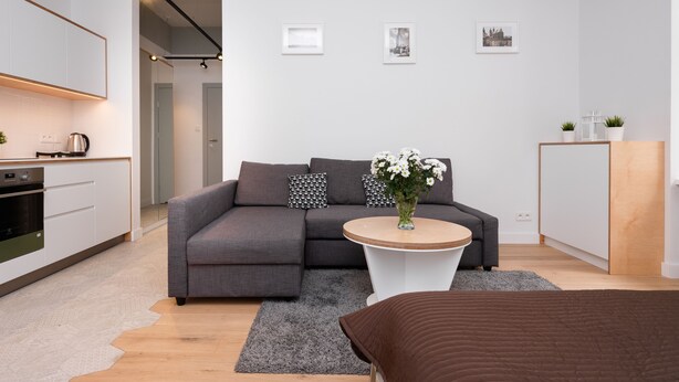 Un salon moderne comprenant un canapé, une table basse et un lit. Il y a également un coin cuisine avec des placards et des appareils électroménagers.