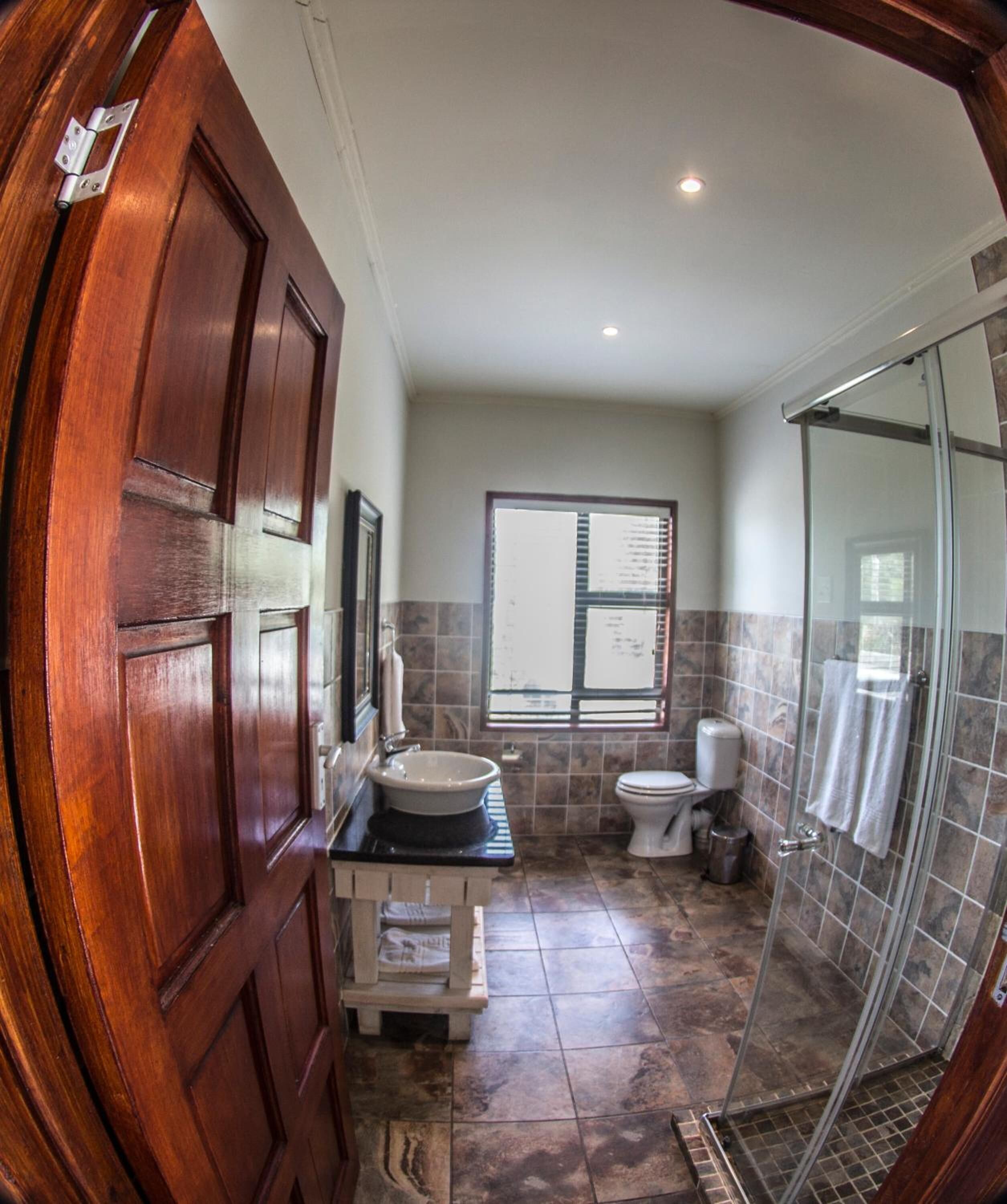 Une salle de bain avec une porte en bois, un lavabo avec un miroir, des toilettes et un espace douche.