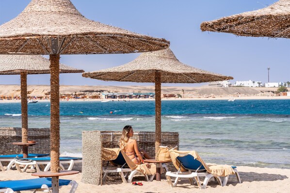 Private beach, sun loungers, beach umbrellas