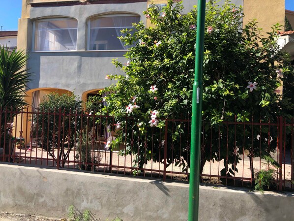 Un edificio con ventanas amplias, un muro de concreto y una cerca metálica.