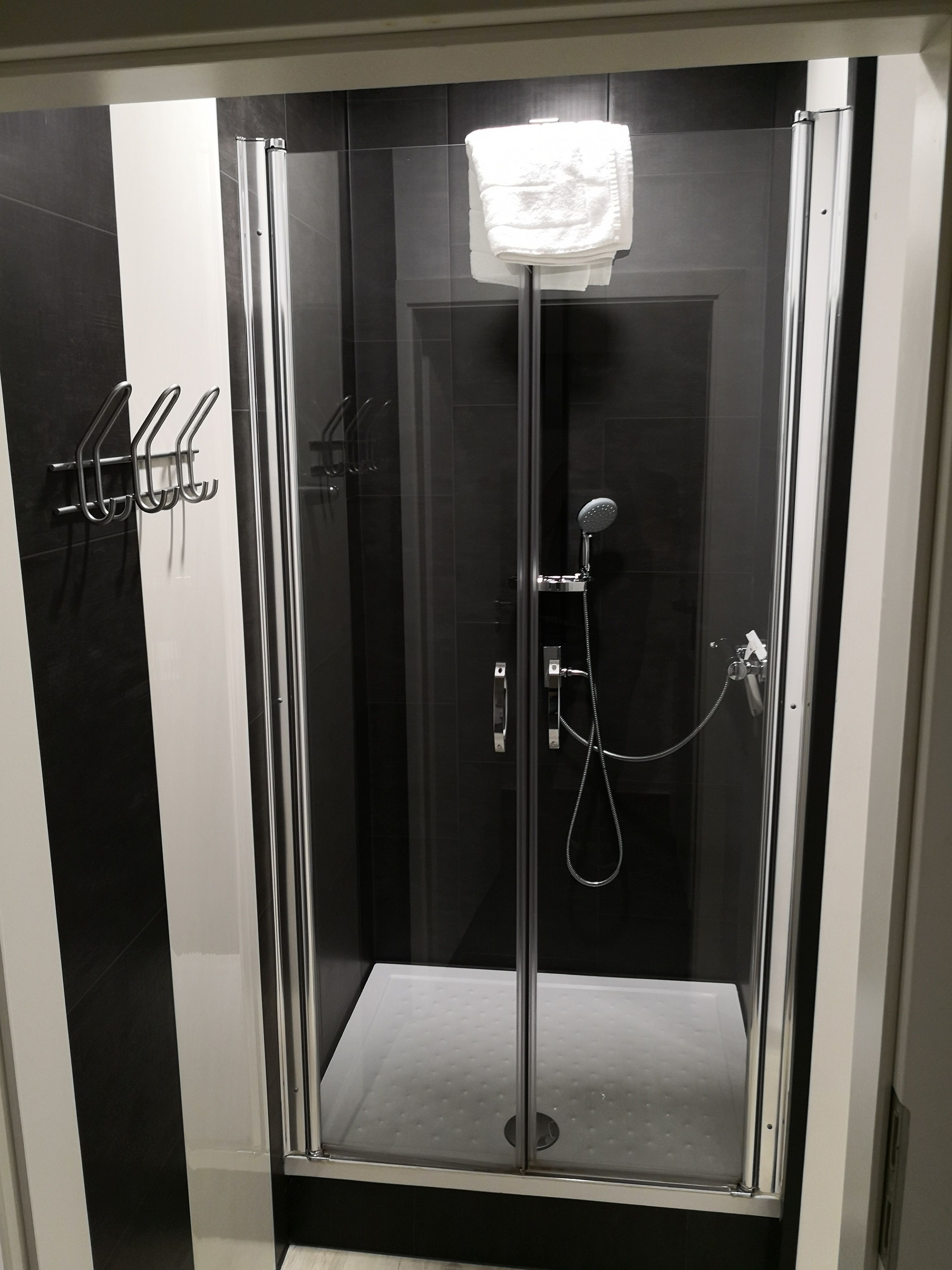 A glass-enclosed shower stall with a white towel hanging on a rack, a handheld showerhead, and a wall-mounted towel rack.