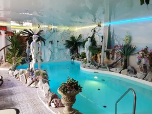 Indoor pool, open 9:00 AM to 9:00 PM, sun loungers