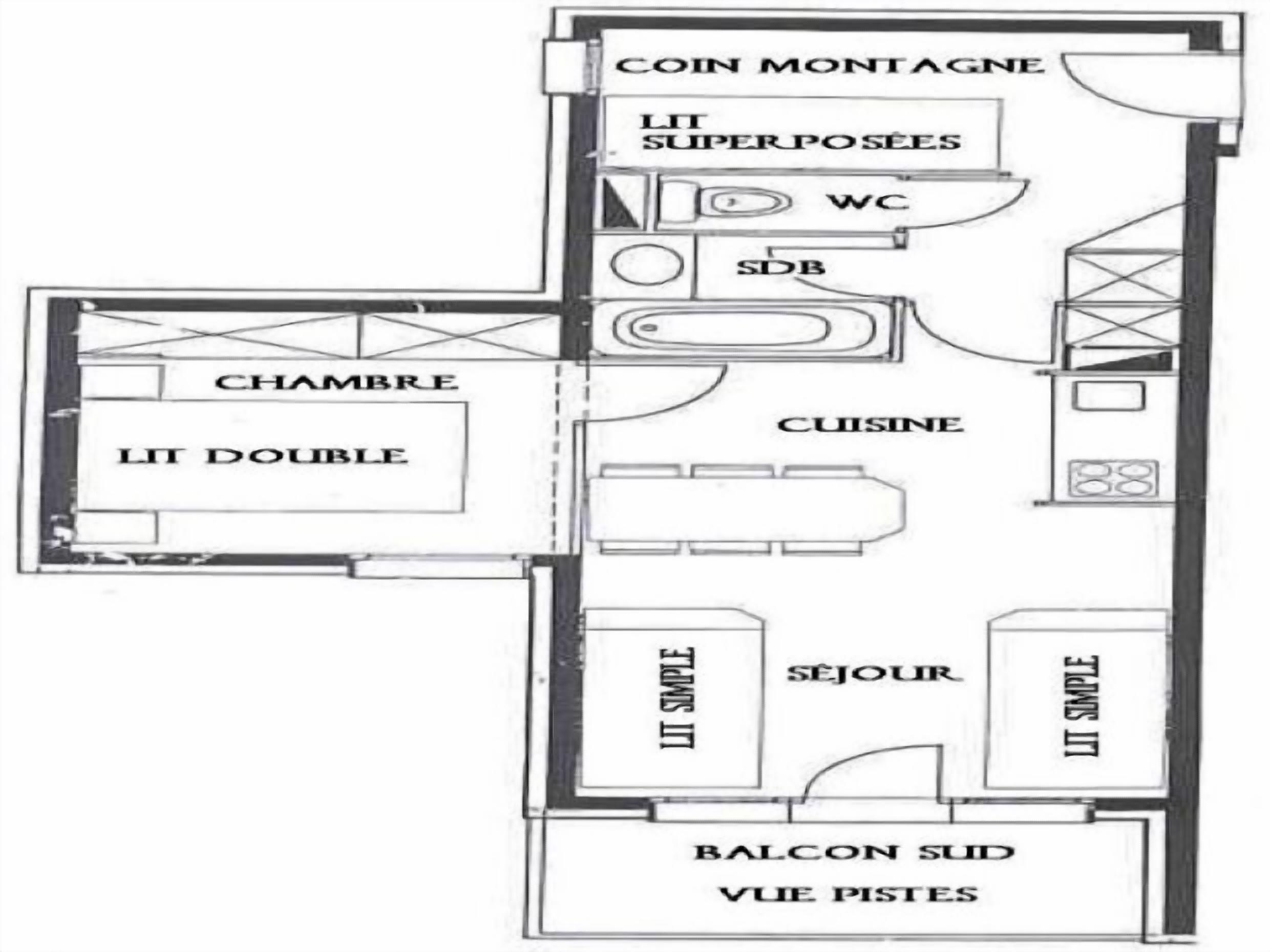 A floor plan of a hotel with labeled rooms including a double room, a simple room, a balcony, and a kitchen.