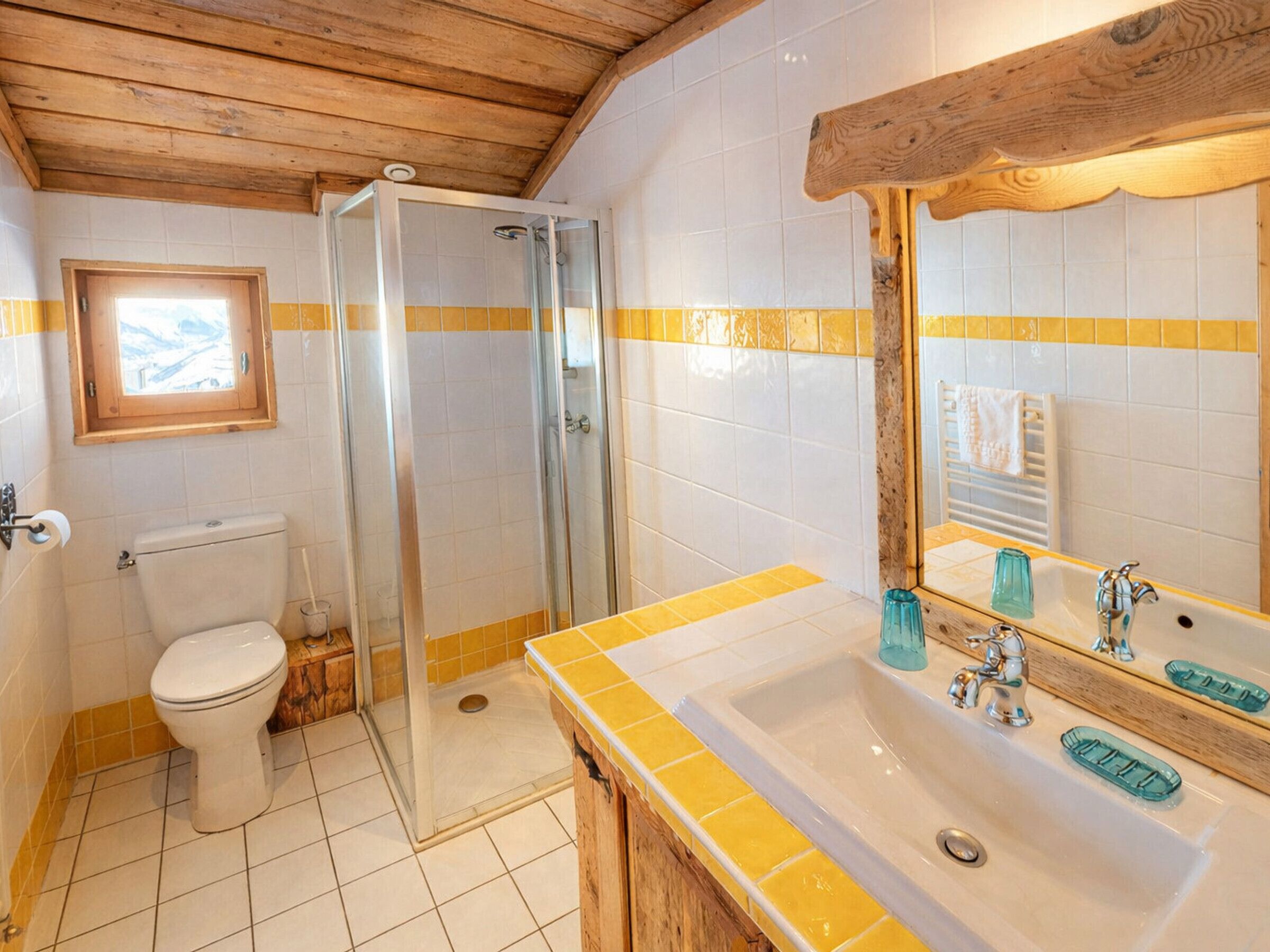 Een badkamer met toilet, douche en wastafel.