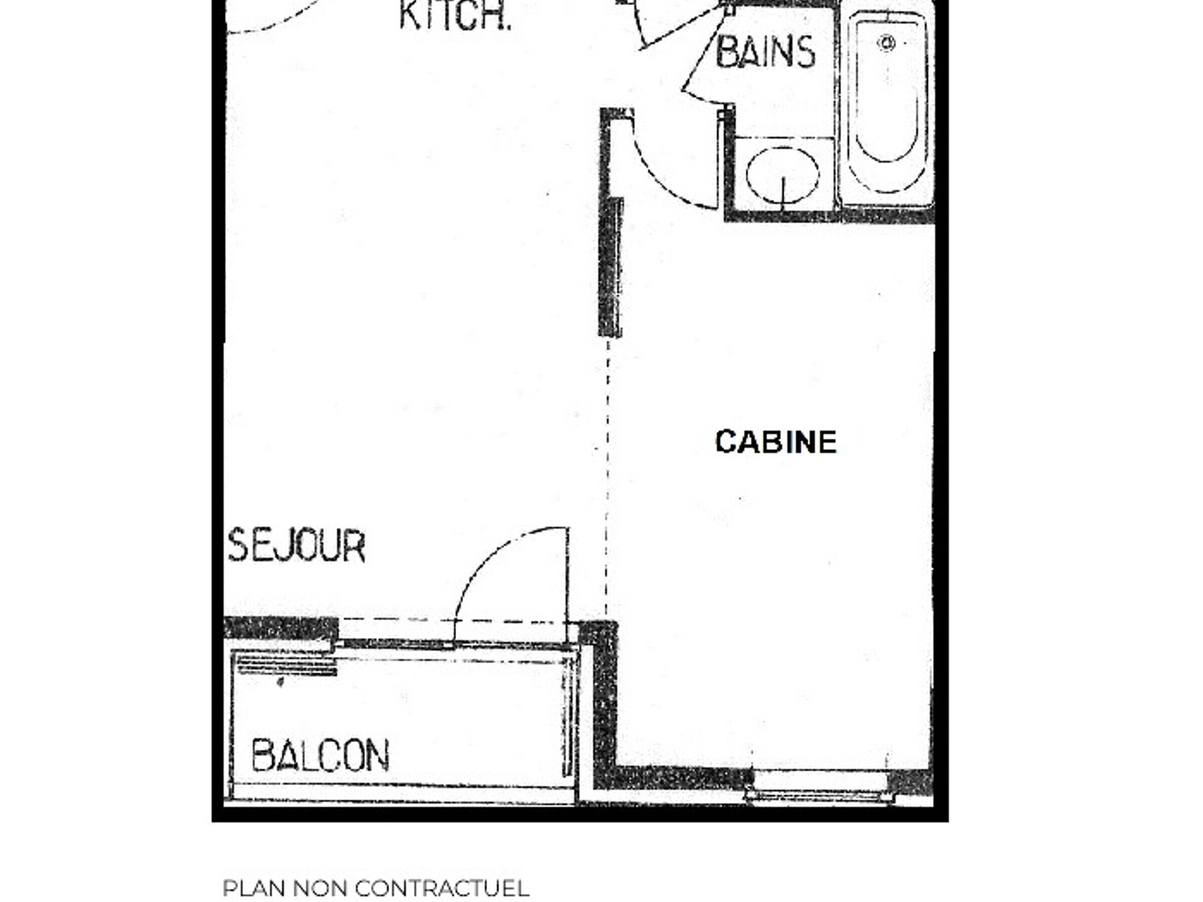 A non-contractual plan of a room with a balcony, a sejour, a cabine, and a kitchen.