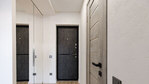 A hallway with a modern design, featuring a dark door, a light-colored wall, and a wooden floor.
