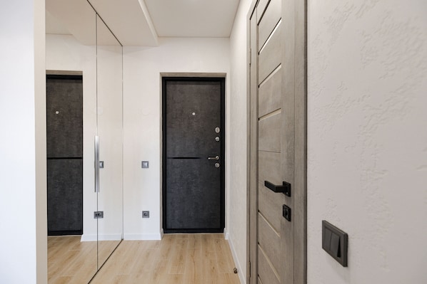 Un corridoio dal design moderno, con una porta scura, una parete di colore chiaro e un pavimento in legno.