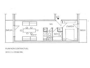 A non-contractual plan of a hotel with a balcony, a day room, a bathroom, a kitchen, and a dining area. - 2 rooms for 4 pers. across cable car St Martin de Belleville, pets allowed (Saint-Martin-de-Belleville-Les Menuires)