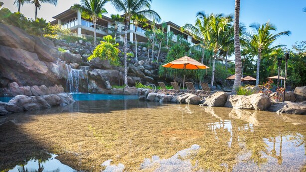 A resort pool with clear water, surrounded by rocks and palm trees, and a building with balconies in the background.