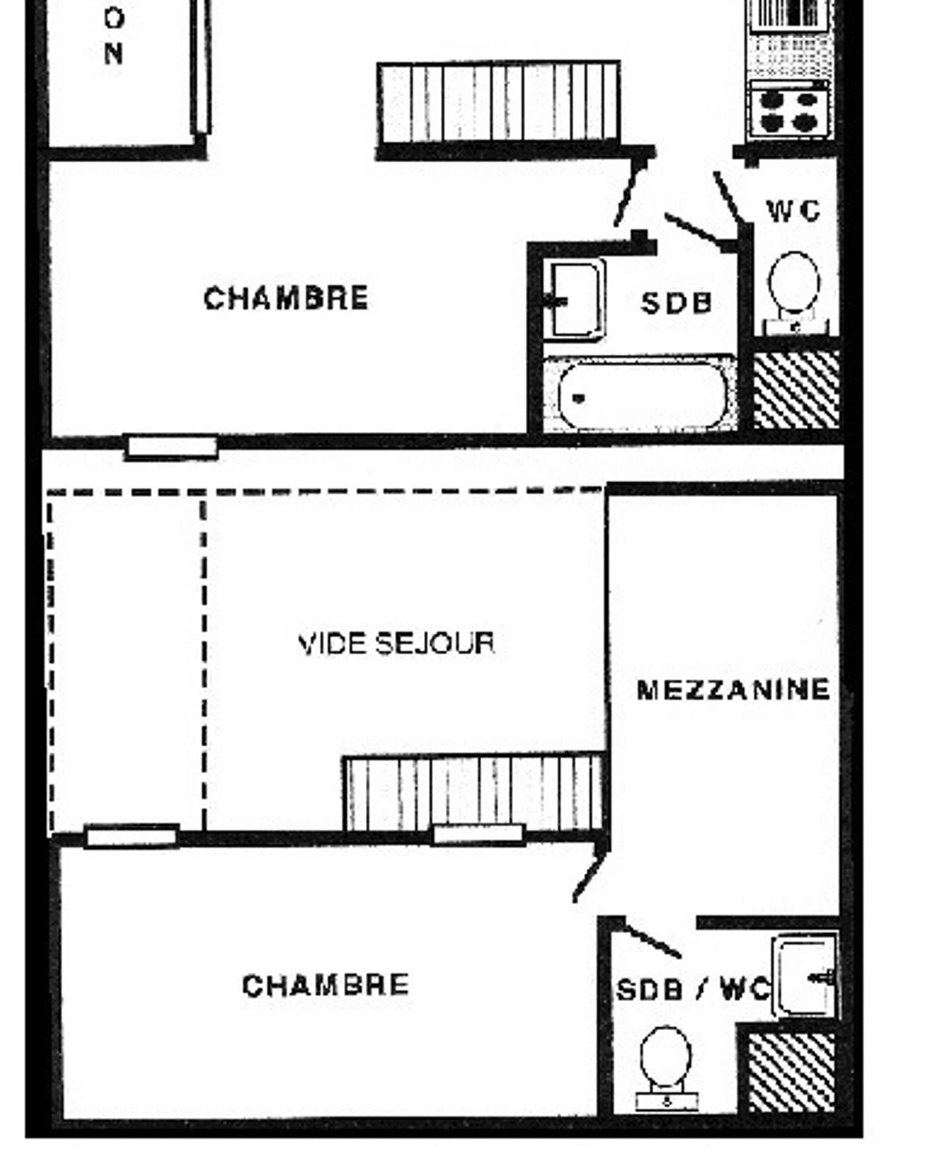 A hotel room layout with two bedrooms, a bathroom, a living area, and a kitchenette.