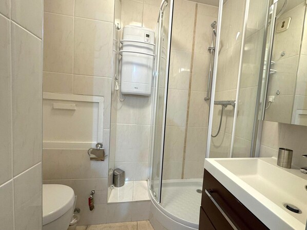 A modern bathroom with a toilet, a shower enclosure, and a sink.