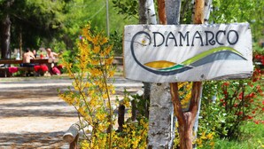 A wooden sign with the name "Damarco" and a logo, surrounded by trees and yellow flowers. - Damarco Alloggio Turistico Locanda (Schio)