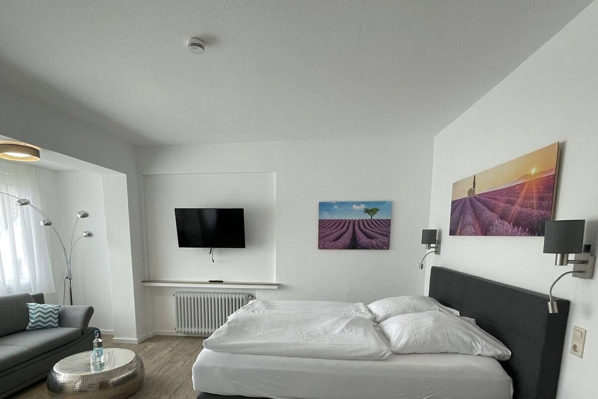 Une chambre d’hôtel moderne équipée d’un lit, d’un canapé, d’une télévision et ornée d’œuvres d’art sur les murs.
