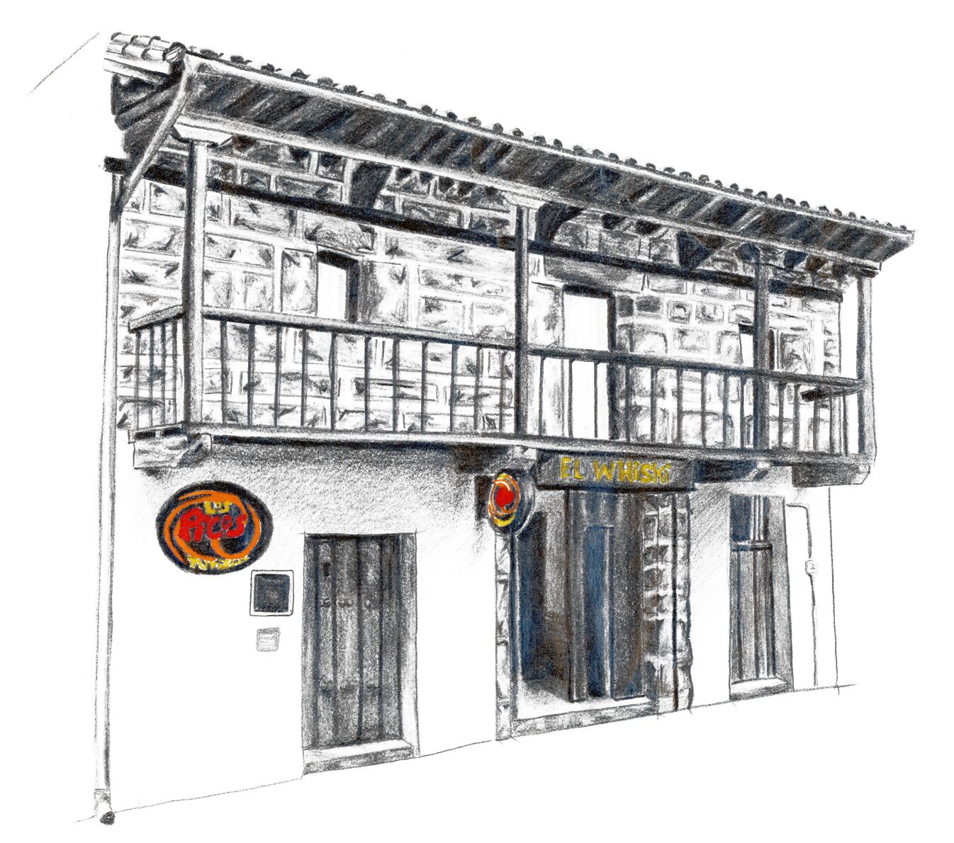 Un bâtiment à deux étages doté d’un balcon, d’une enseigne indiquant « EL WHISK » et d’un logo circulaire avec le mot « Acos » sur le côté gauche.