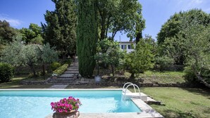 A swimming pool with a stone edge and a flower pot with pink flowers in the foreground.