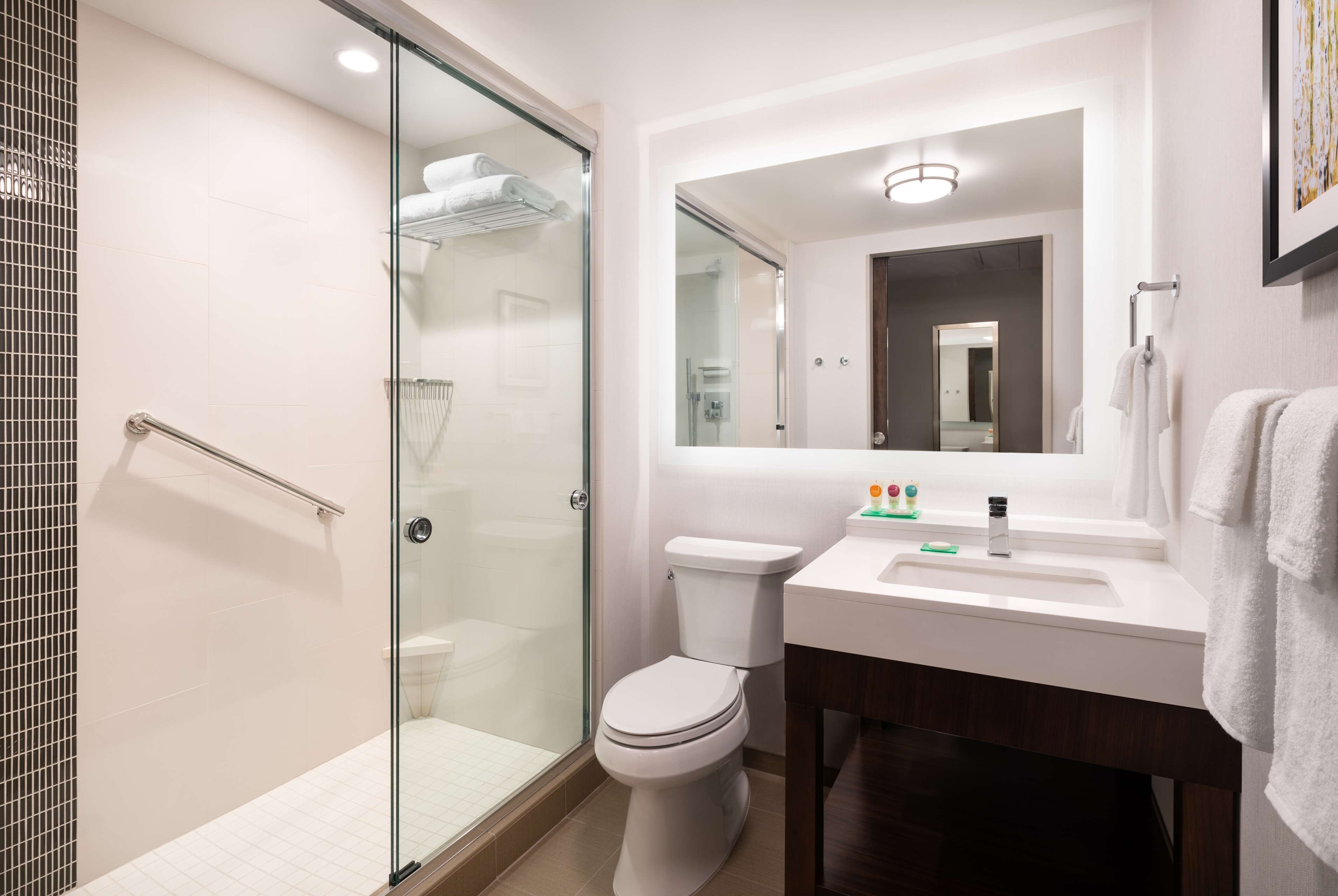 designer toiletries, hair dryer, towels, soap