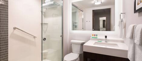 A modern bathroom with a glass shower enclosure, a white toilet, and a vanity with a mirror.