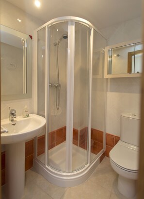 Een bad/douchecombinatie, een haardroger, een bidet, handdoeken
