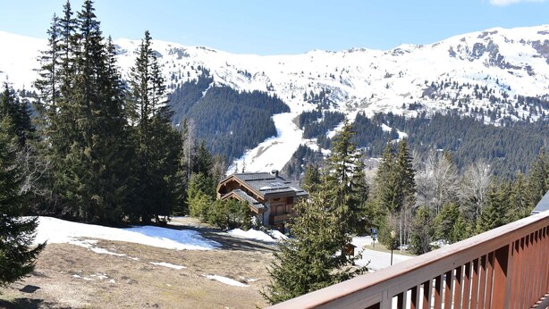 Un chalet de montagne à l’extérieur en bois, entouré de montagnes enneigées et de forêts denses.