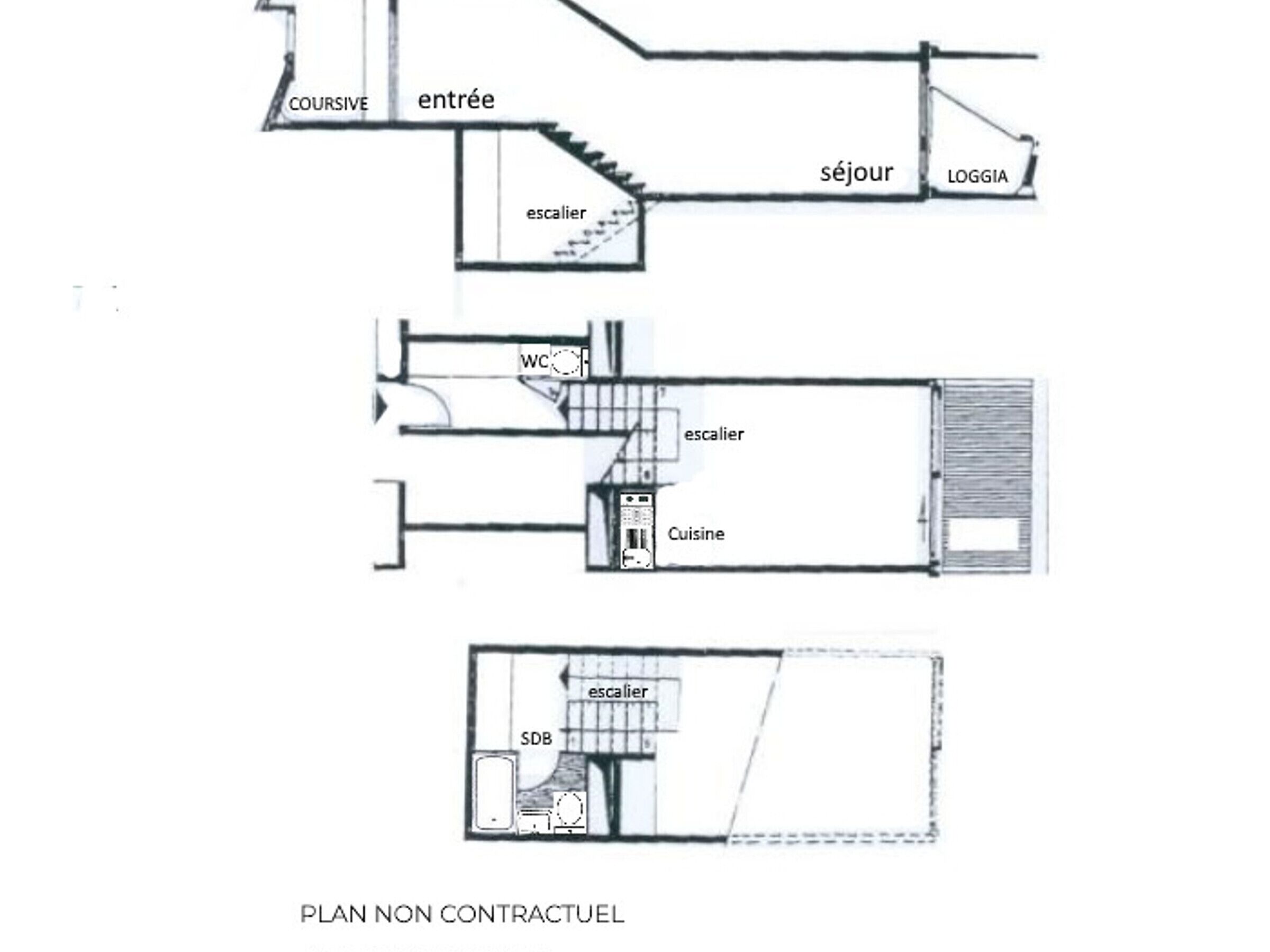 A non-contractual plan of a building with a staircase, WC, and a kitchen area.