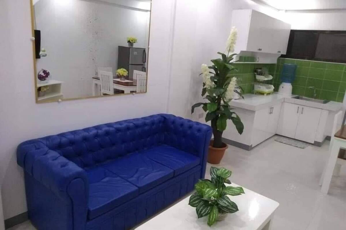 A living room with a blue sofa, a white coffee table, and a potted plant.