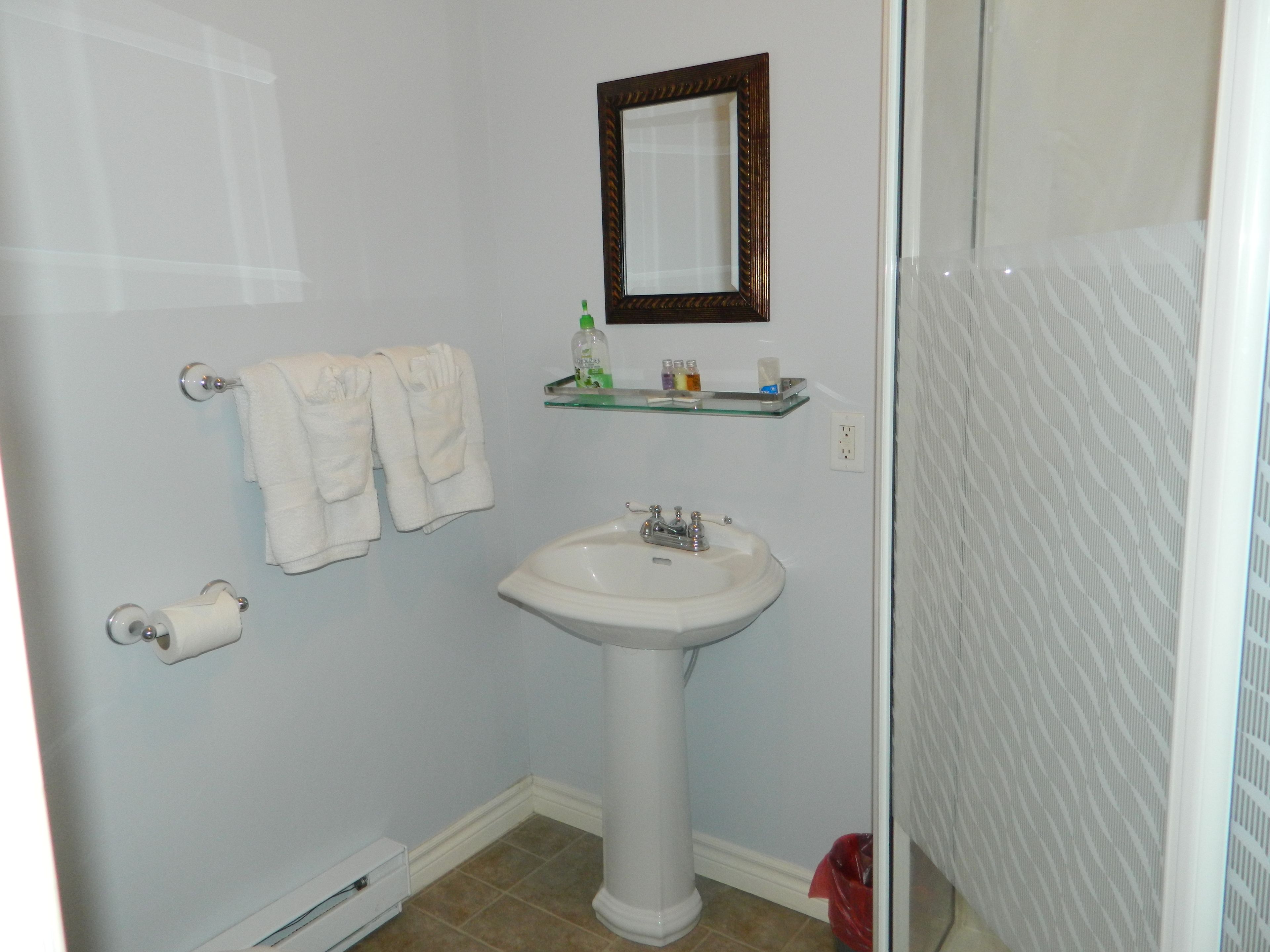 A bathroom with a white sink, a mirror, and two towels hanging on a rack.