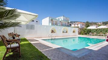 Outdoor pool, open 8 AM to 8 PM, pool umbrellas, sun loungers