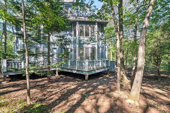 Escape to a serene forest retreat with a balcony overlooking the treetops.