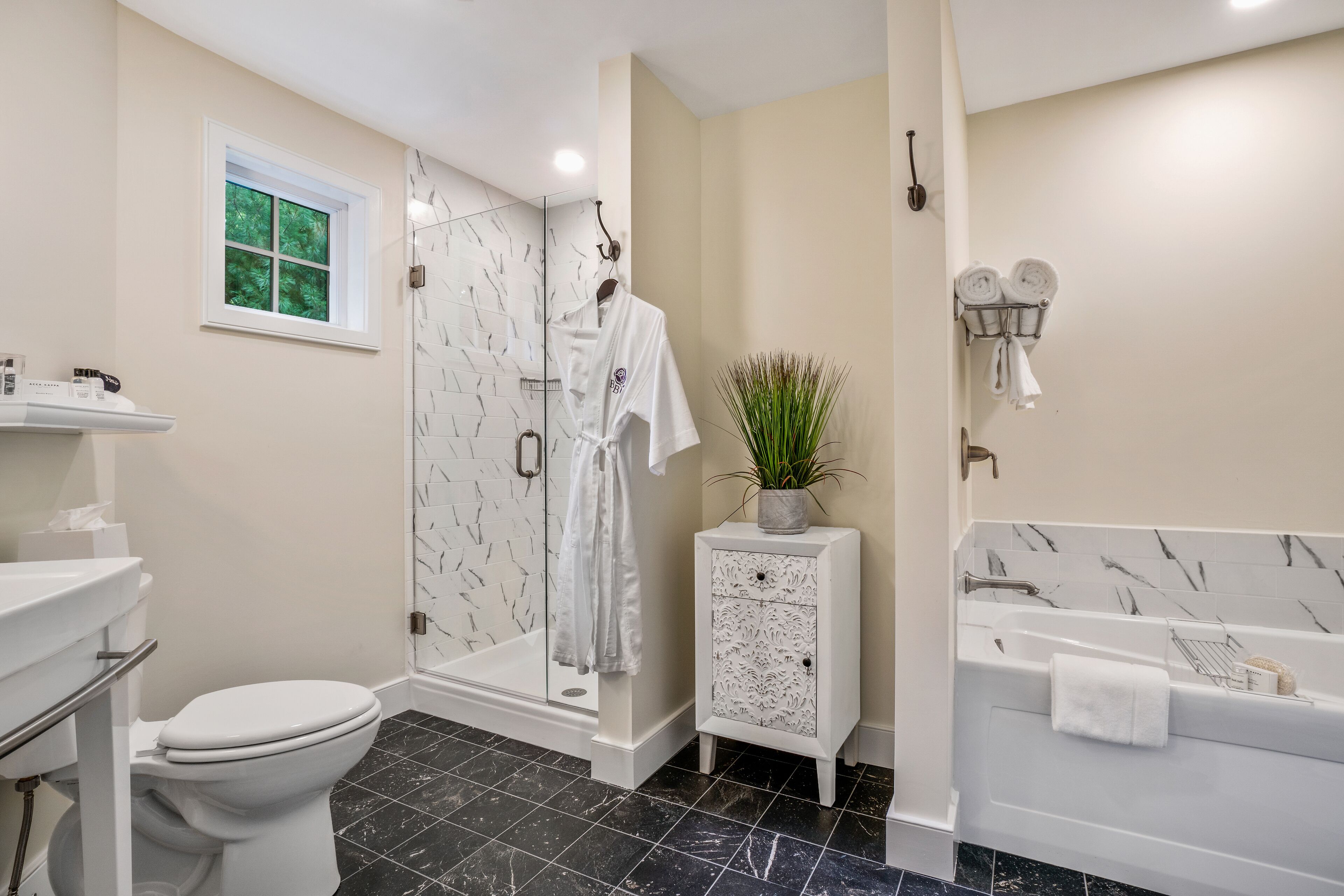 free toiletries, hair dryer, bathrobes, slippers