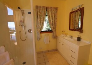 Bathtub, hair dryer, towels, soap