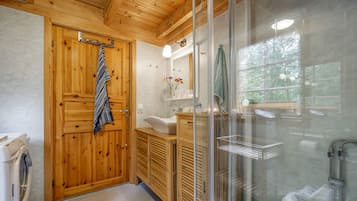 Shower, hair dryer, soap, toilet paper