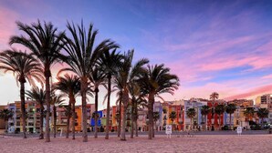 A beachfront with palm trees and colorful buildings. - Charming apartment, first line of the Center Beach, Villajoyosa (Villajoyosa)
