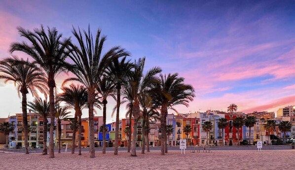 A beachfront with palm trees and colorful buildings.