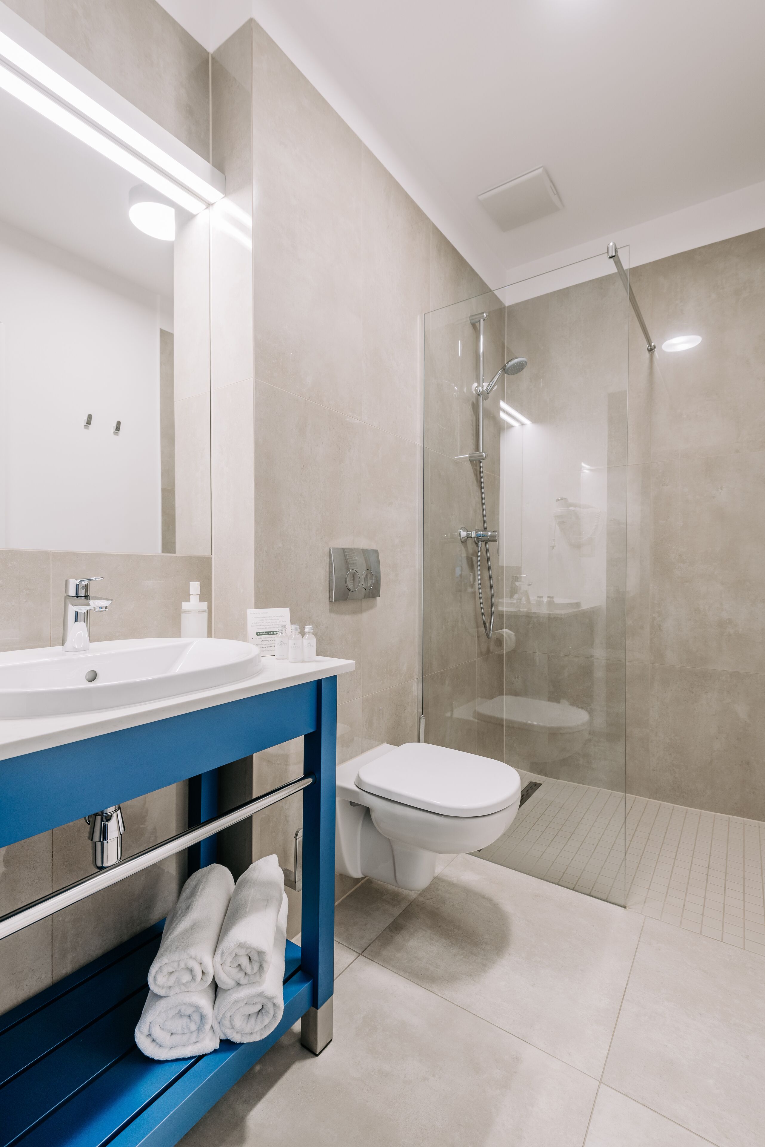 standard double room | bathroom | shower, hair dryer, towels, soap