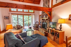 Televisión, chimenea, reproductor de DVD y estéreo 