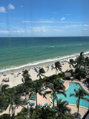 A beach resort with a swimming pool, palm trees, and a view of the ocean.